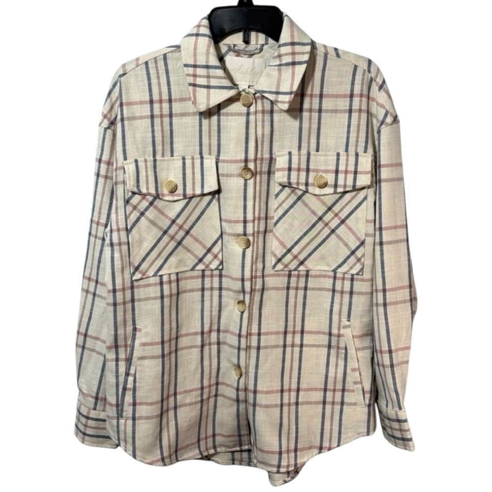 Ashley By 26 International Shacket Cream Plaid Button‎ Front in Size S NWT